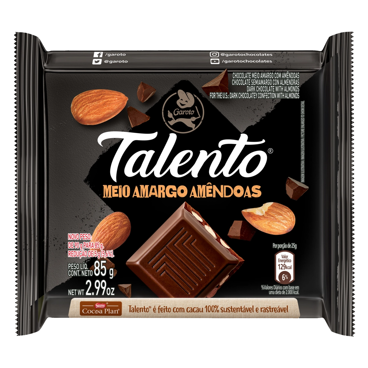 Chocolate Meio Amargo Com Amêndoas Garoto Talento Pacote 85g