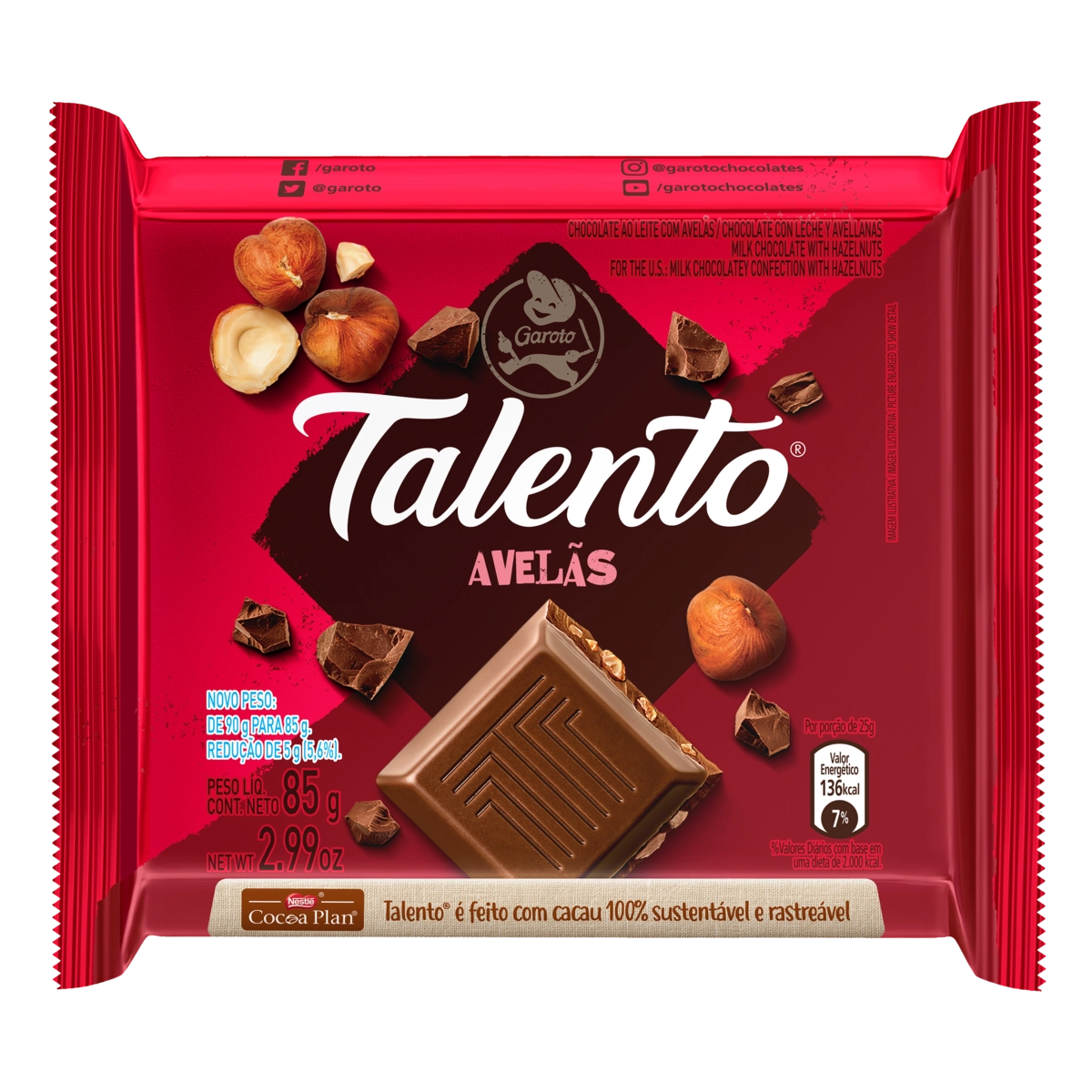 Chocolate Ao Leite Com Avelãs Garoto Talento Pacote 85g