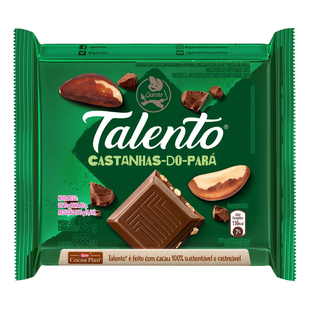 Chocolate Ao Leite Com Castanha Do Pará Garoto Talento Pacote 85g