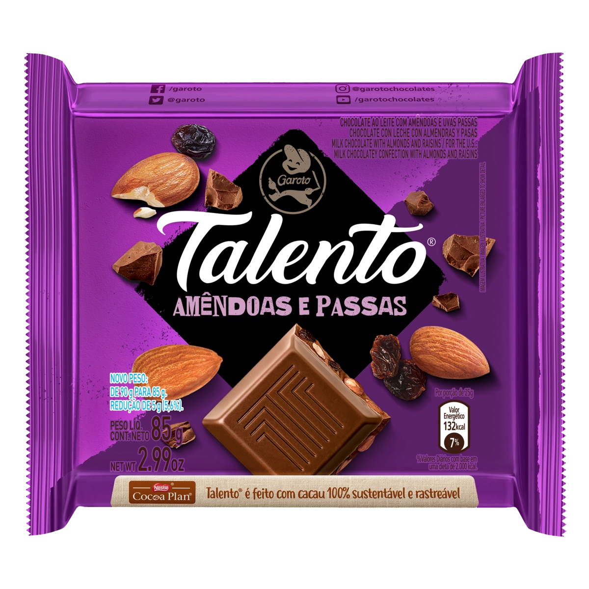 Chocolate Ao Leite Com Amêndoas E Passas Garoto Talento Pacote 85g