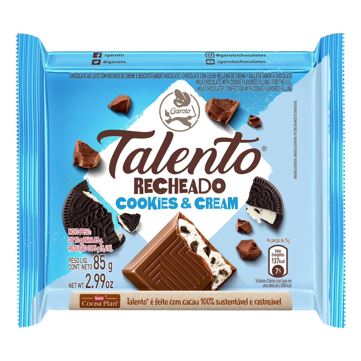Chocolate Ao Leite Recheio Cookies Cream Garoto Talento Pacote 85g
