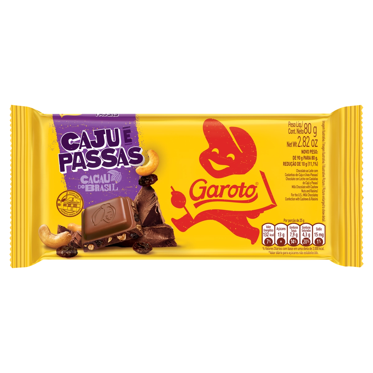 Chocolate Ao Leite Caju E Passas Garoto Pacote 80g