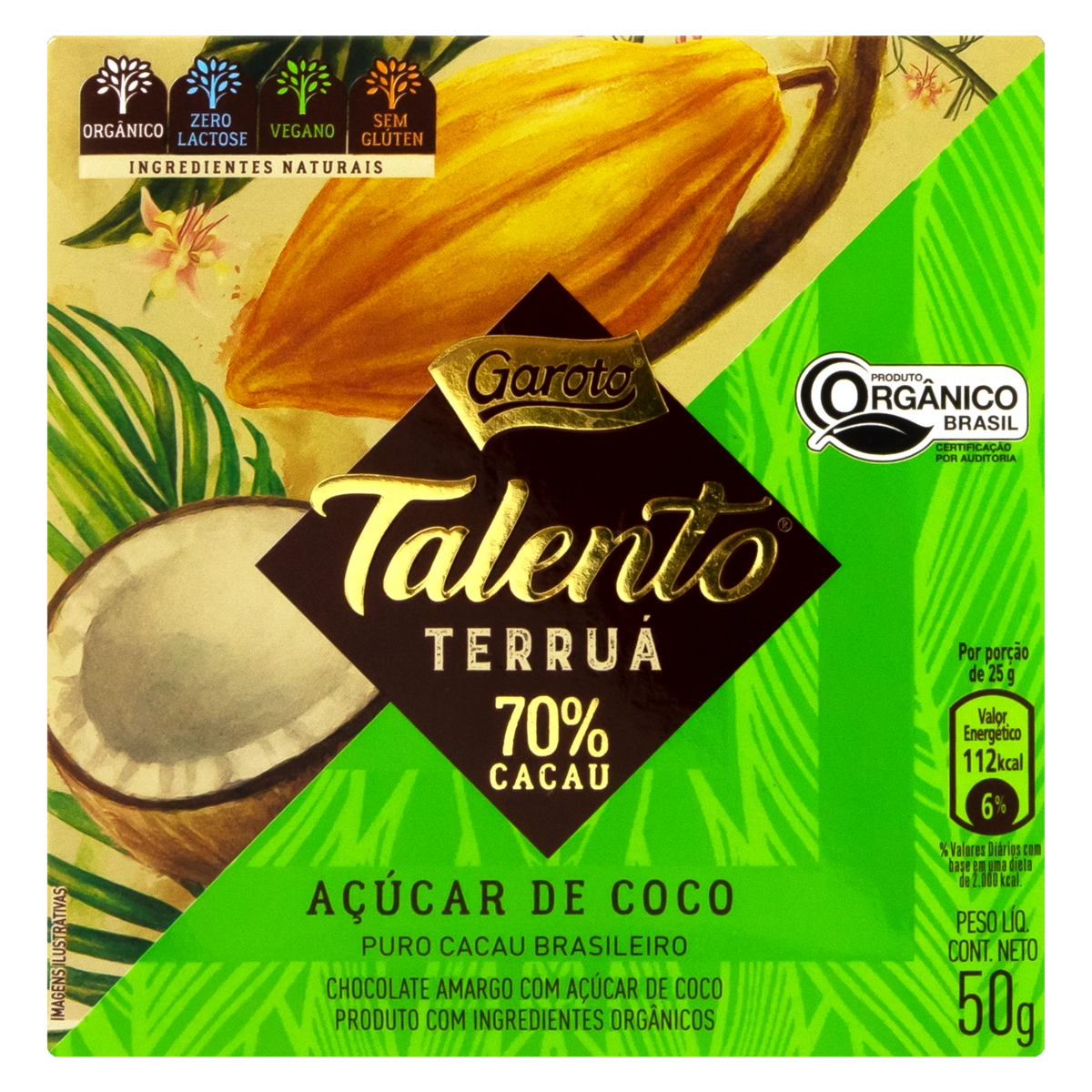 Chocolate Amargo 70 Cacau Orgânico Açúcar De Coco Zero Lactose Garoto Talento Terruá Caixa 50g