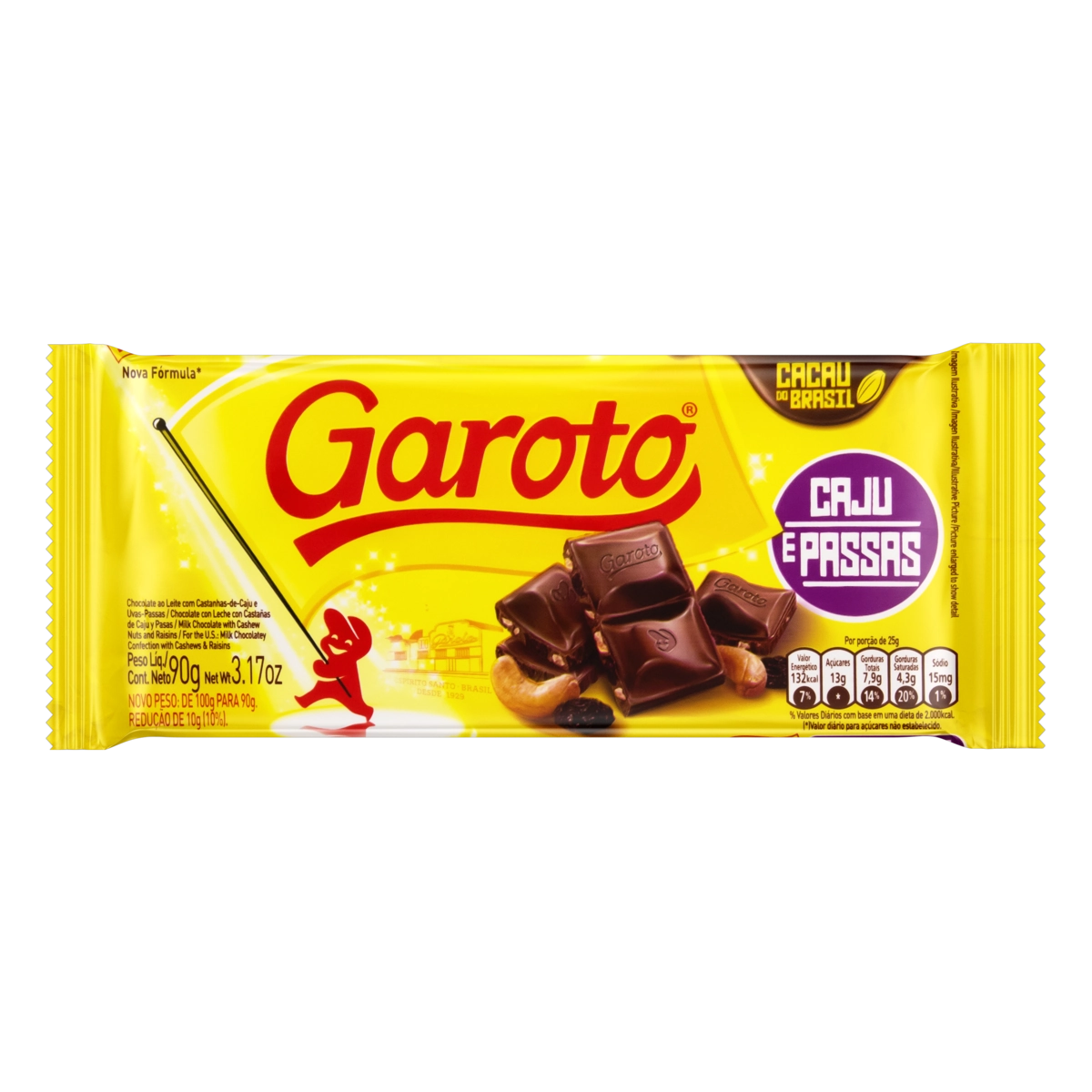 Chocolate Ao Leite Caju E Passas Garoto Pacote 90g