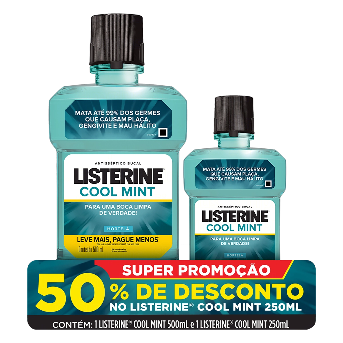 Kit Enxaguante Bucal Antisséptico Hortelã Listerine Cool Mint 500ml Leve Mais Pague Menos Grátis 50