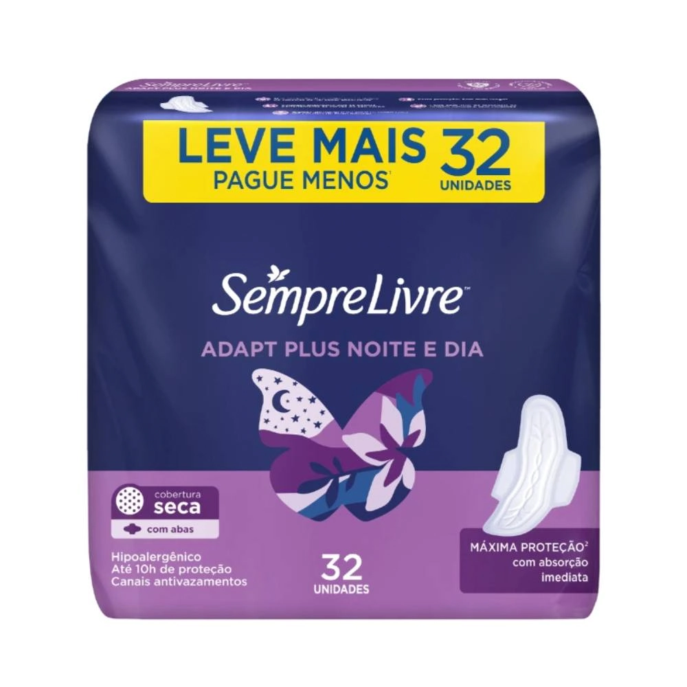 Absorvente Com Abas Noite E Dia Seca Sempre Livre Adapt Plus Pacote 32 Unidades Leve Mais Pague Meno