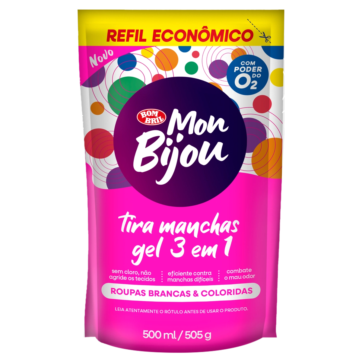 Tira Manchas Gel Roupas Brancas E Coloridas Mon Bijou Sachê 500ml Refil Econômico