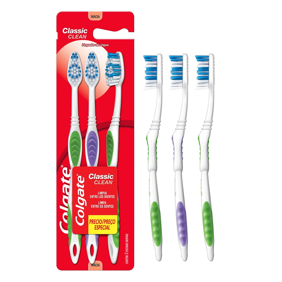 Escova Dental Macia Colgate Classic Clean Cabeça Normal 3 Unidades