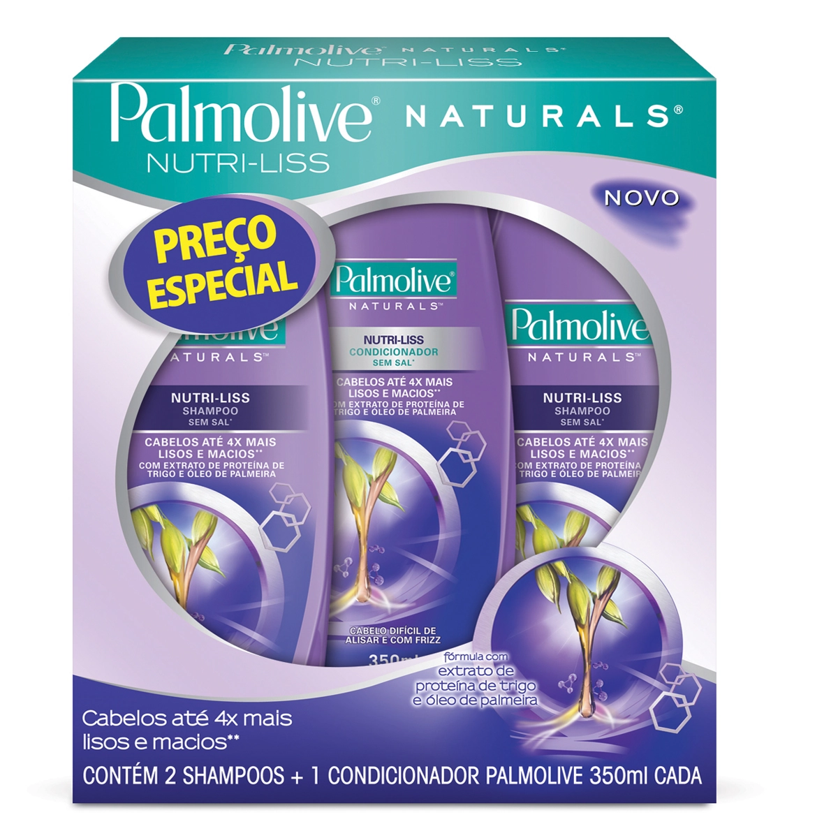 Kit 2 Shampoos 1 Condicionador Palmolive Naturals Lisos Radiantes 350ml Cada