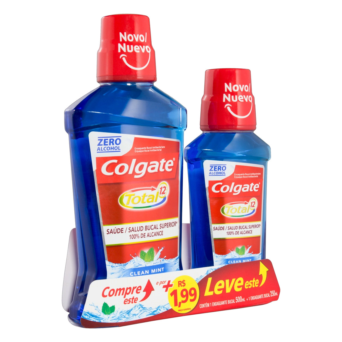 Kit Enxaguante Bucal Zero álcool Clean Mint Colgate Total 12 500ml 250ml
