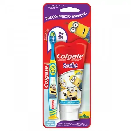 Kit Escova Gel Dental Infantil Com Flúor Bubble Fruit Minions Colgate Smiles 100g
