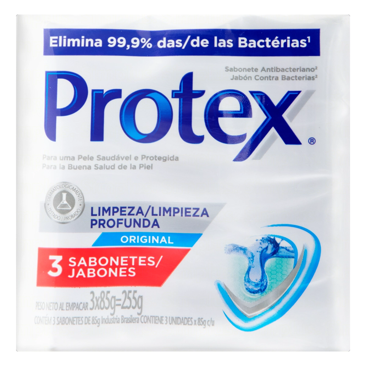 Pack Sabonete Barra Antibacteriano Original Protex Limpeza Profunda Envoltório 255g 3 Unidades