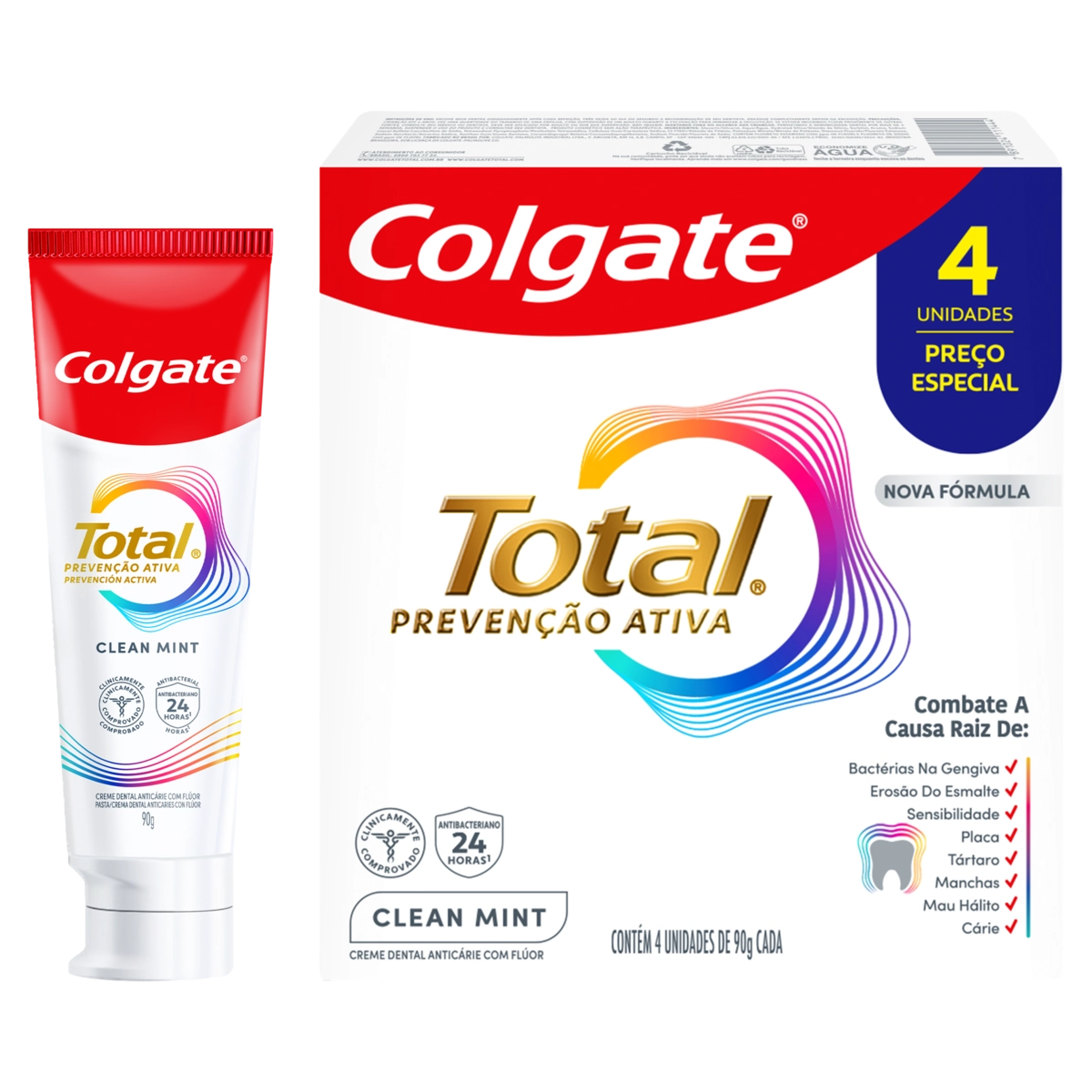 Pack Creme Dental Clean Mint Colgate Total 12 Caixa 4 Unidades 90g Cada