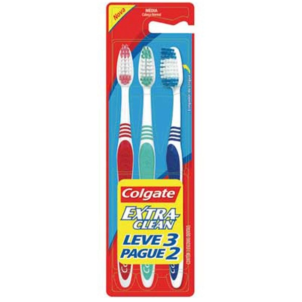 Escova Dental Média Colgate Extra Clean Cabeça Normal 3 Unidades