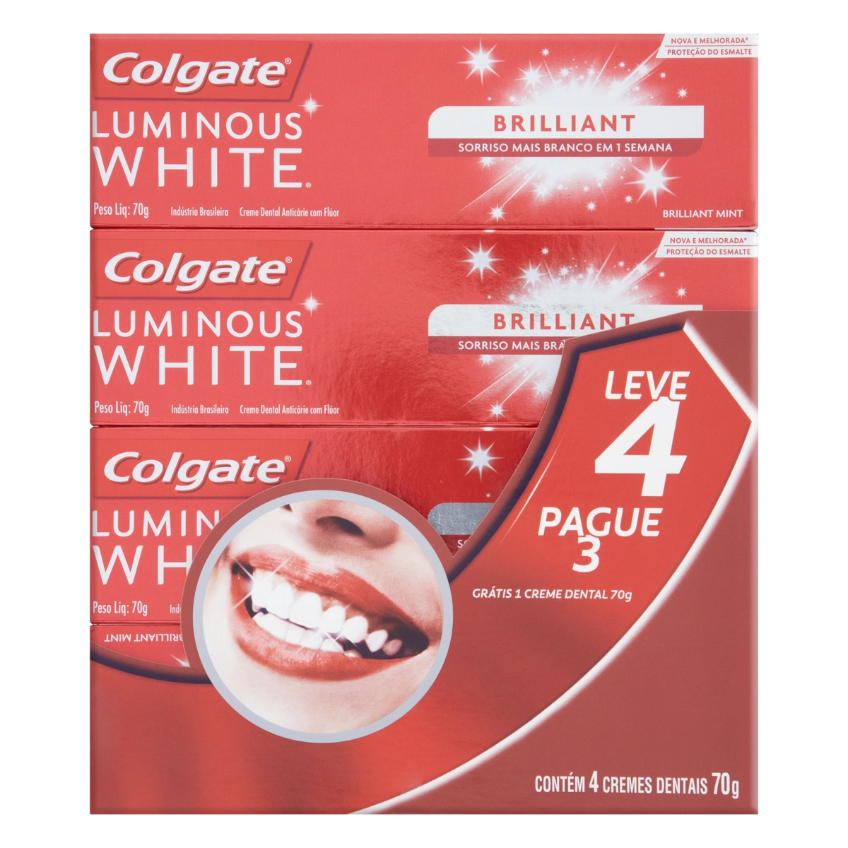 Pack Creme Dental Brilliant Mint Colgate Luminous White Caixa 70g Cada Leve 4 Pague 3 Unidades