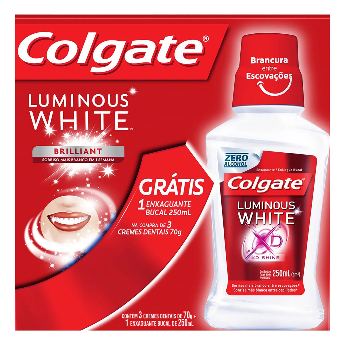 Kit 3 Cremes Dentais Brilliant 70g Cada Grátis Enxaguante Bucal 250ml Colgate Luminous White