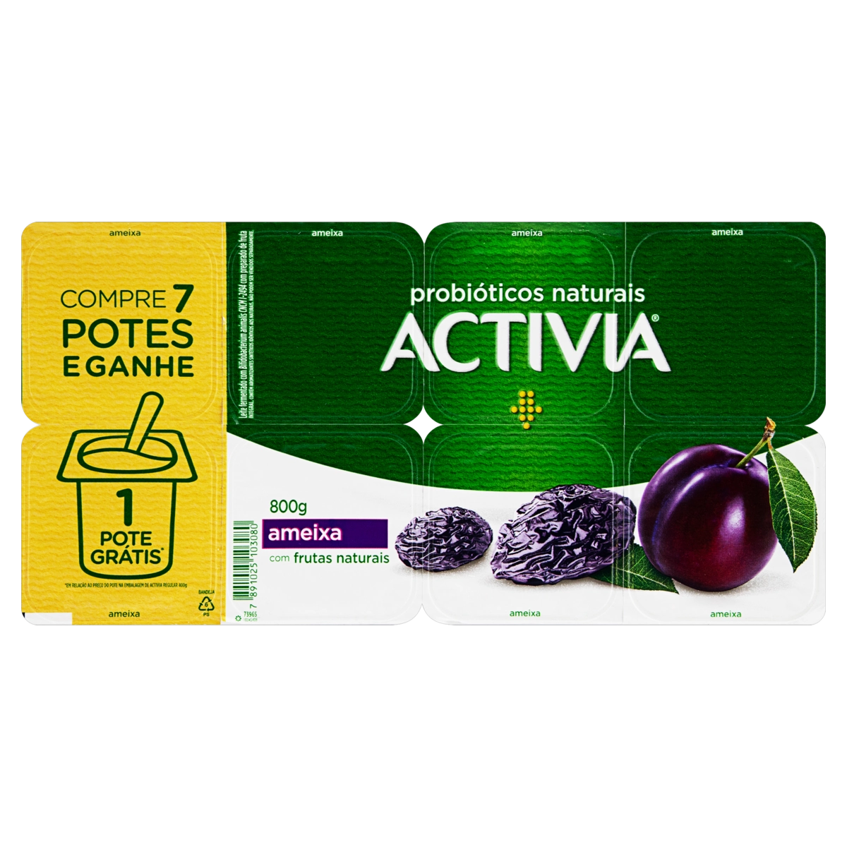 Leite Fermentado Integral Ameixa Activia Bandeja 800g 8 Unidades Grátis 1 Unidade