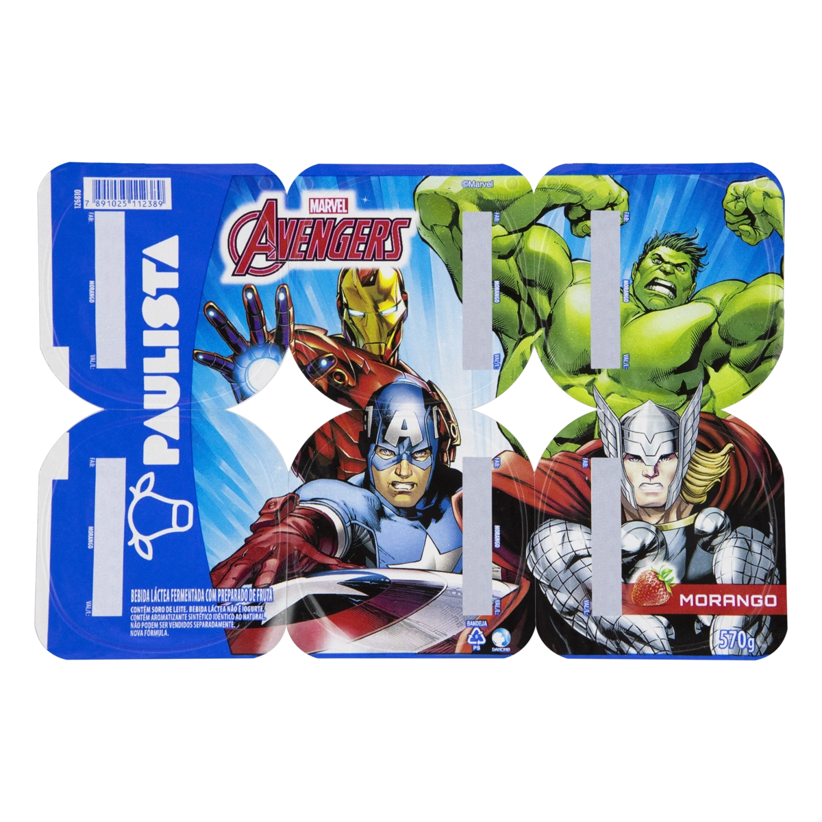 Bebida Láctea Fermentada Morango Avengers Paulista Bandeja 570g 6 Unidades