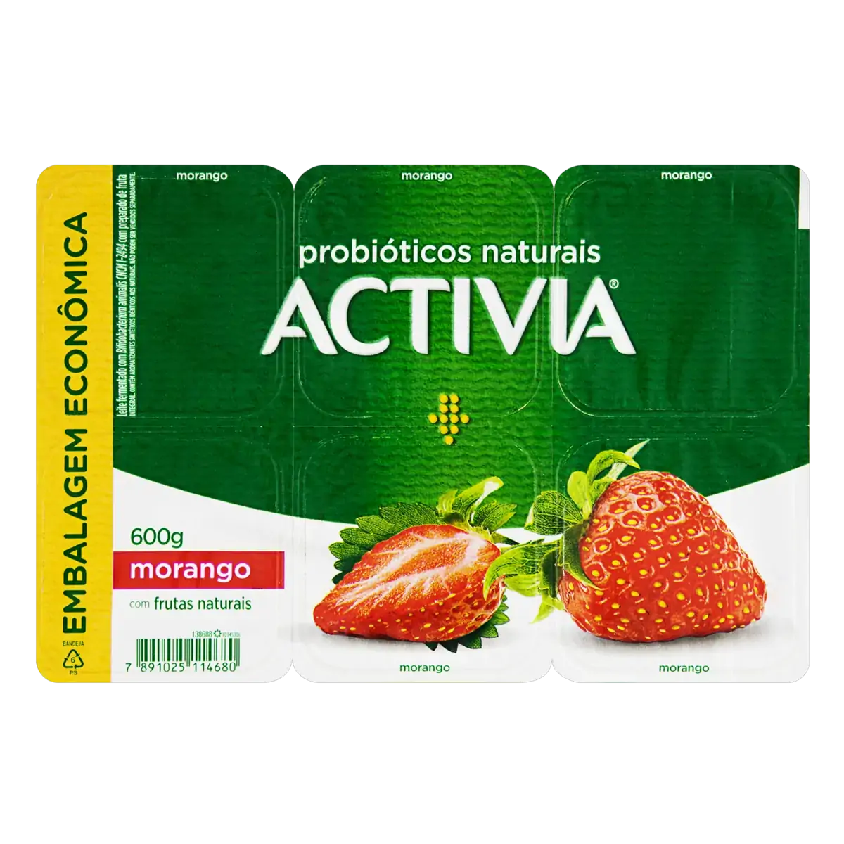 Leite Fermentado Integral Morango Activia Bandeja 600g 6 Unidades Embalagem Econômica