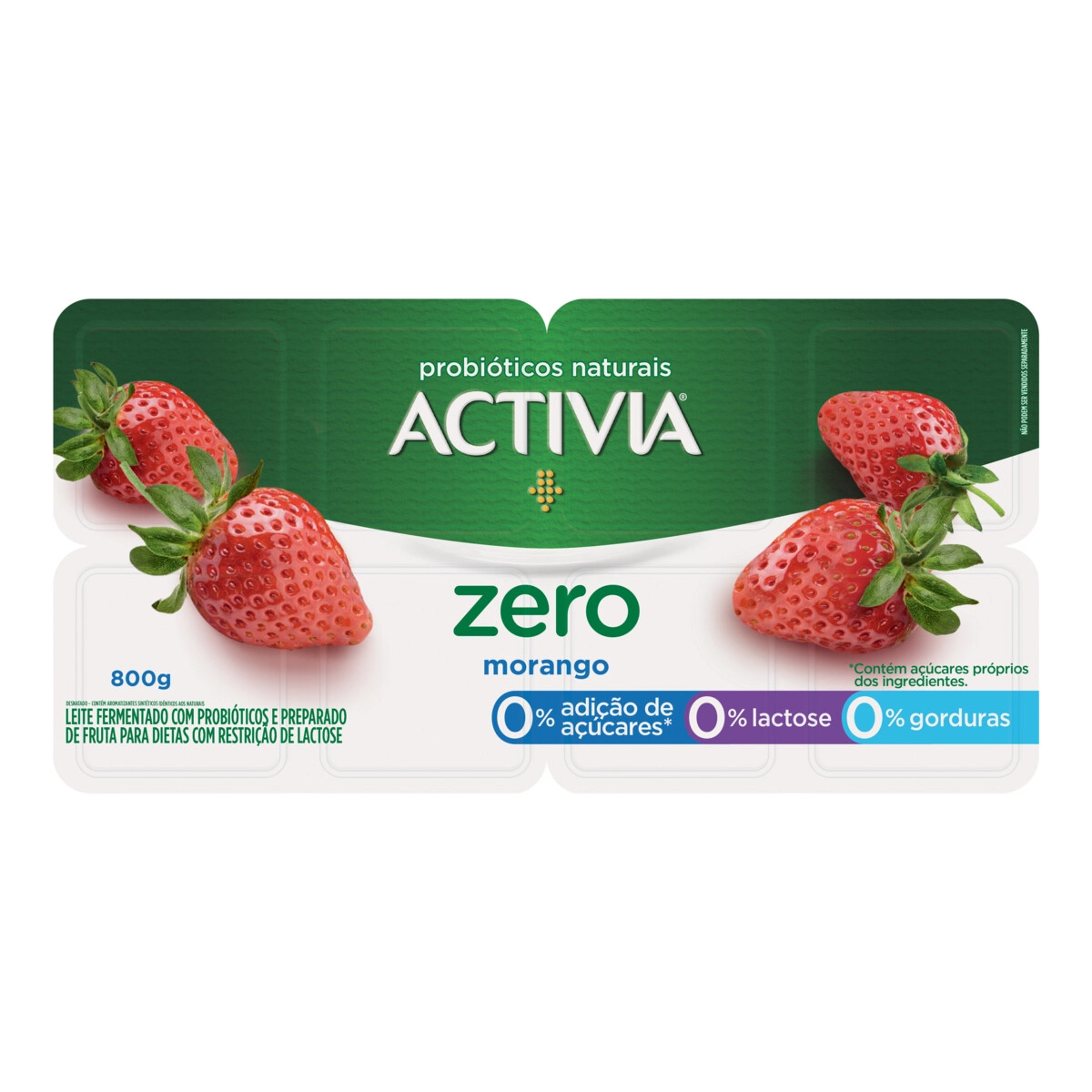 Leite Fermentado Morango Zero Lactose Activia Zero Bandeja 800g 8 Unidades