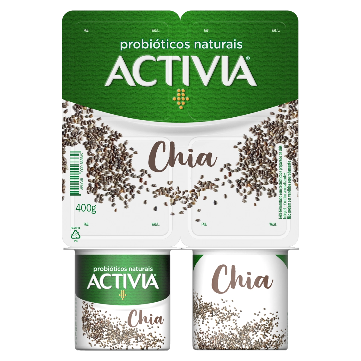Leite Fermentado Integral Chia Activia Bandeja 400g 4 Unidades