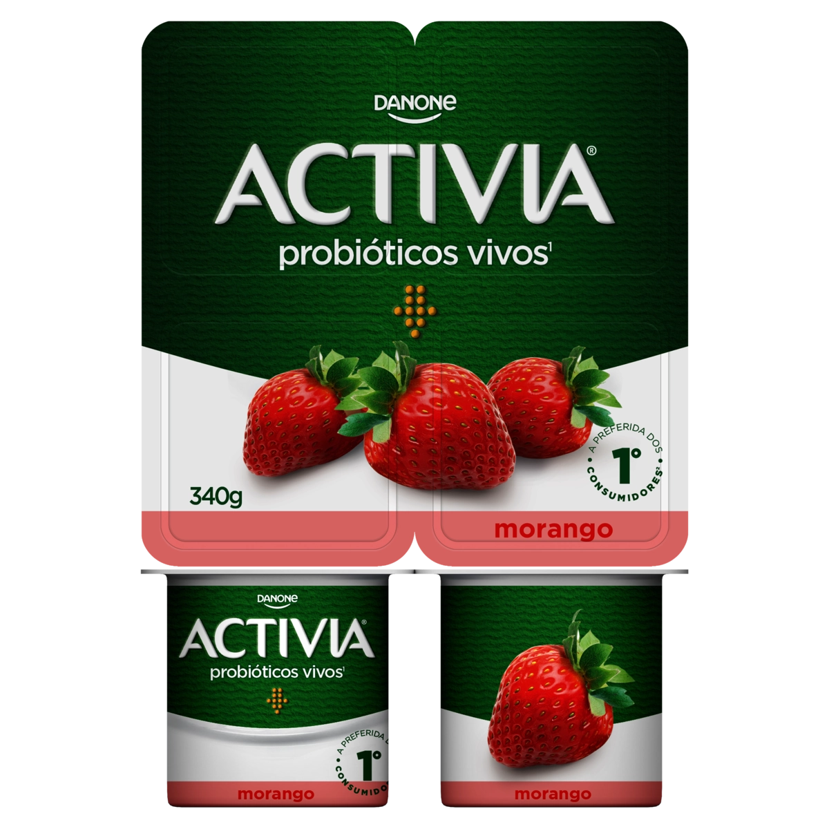Leite Fermentado Integral Morango Activia Bandeja 340g 4 Unidades