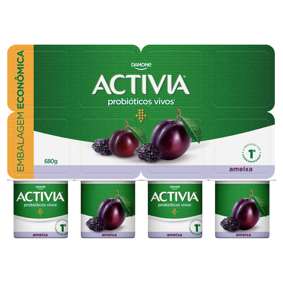 Leite Fermentado Integral Ameixa Activia Bandeja 680g 8 Unidades Embalagem Econômica