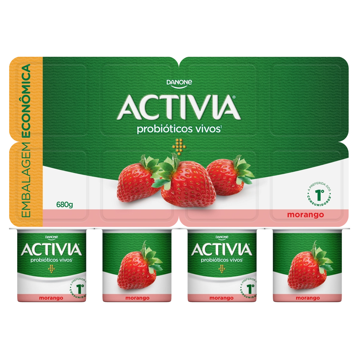 Leite Fermentado Integral Morango Activia Bandeja 680g 8 Unidades Embalagem Econômica