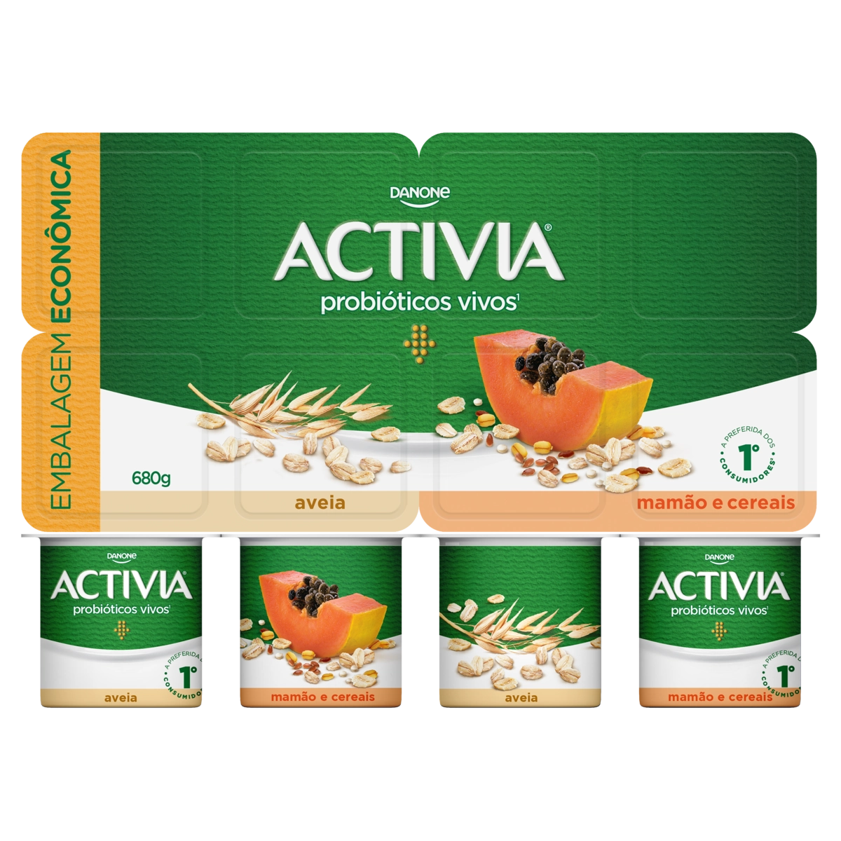 Leite Fermentado Integral Aveia Mamão E Cereais Activia Bandeja 680g 8 Unidades Embalagem Econômica