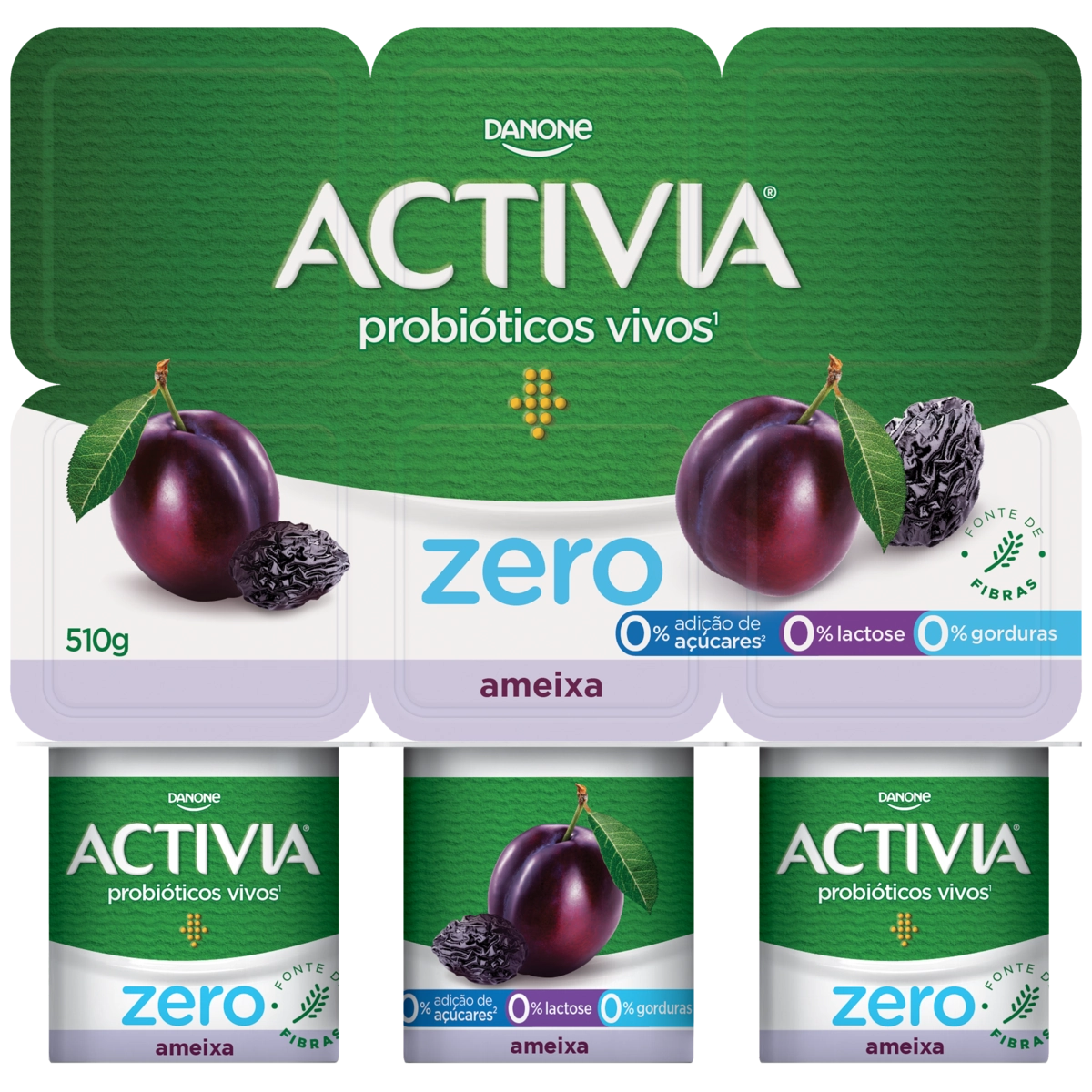 Leite Fermentado Desnatado Ameixa Zero Lactose Activia Zero Bandeja 510g 6 Unidades
