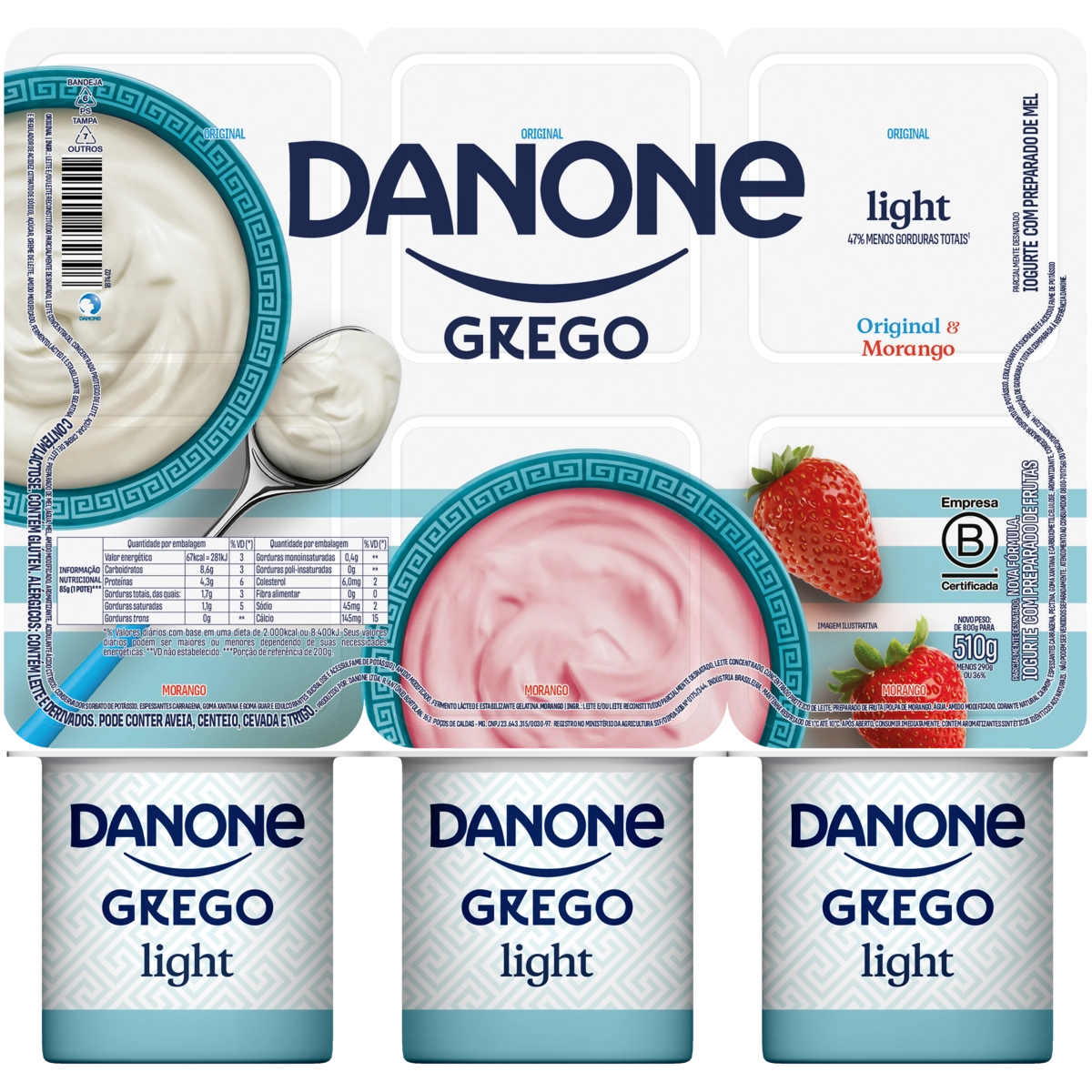 Iogurte Parcialmente Desnatado Grego Original Morango Light Danone Bandeja 510g 6 Unidades