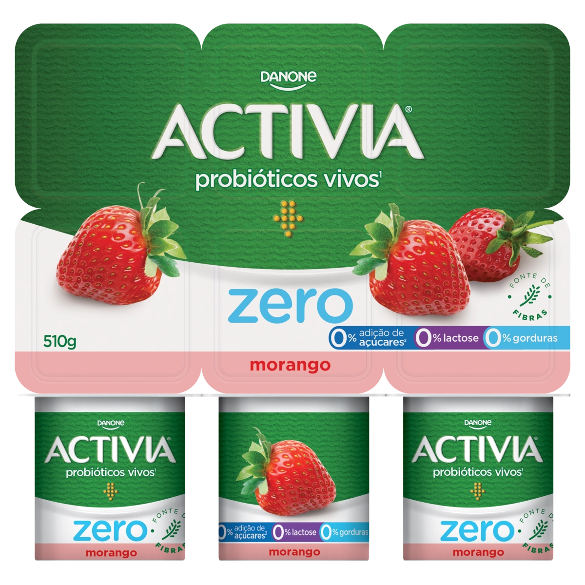 Leite Fermentado Desnatado Morango Zero Lactose Activia Zero Bandeja 510g 6 Unidades