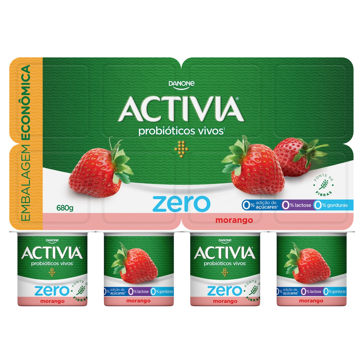 Leite Fermentado Desnatado Morango Zero Lactose Activia Zero Bandeja 680g 8 Unidades Embalagem Econô