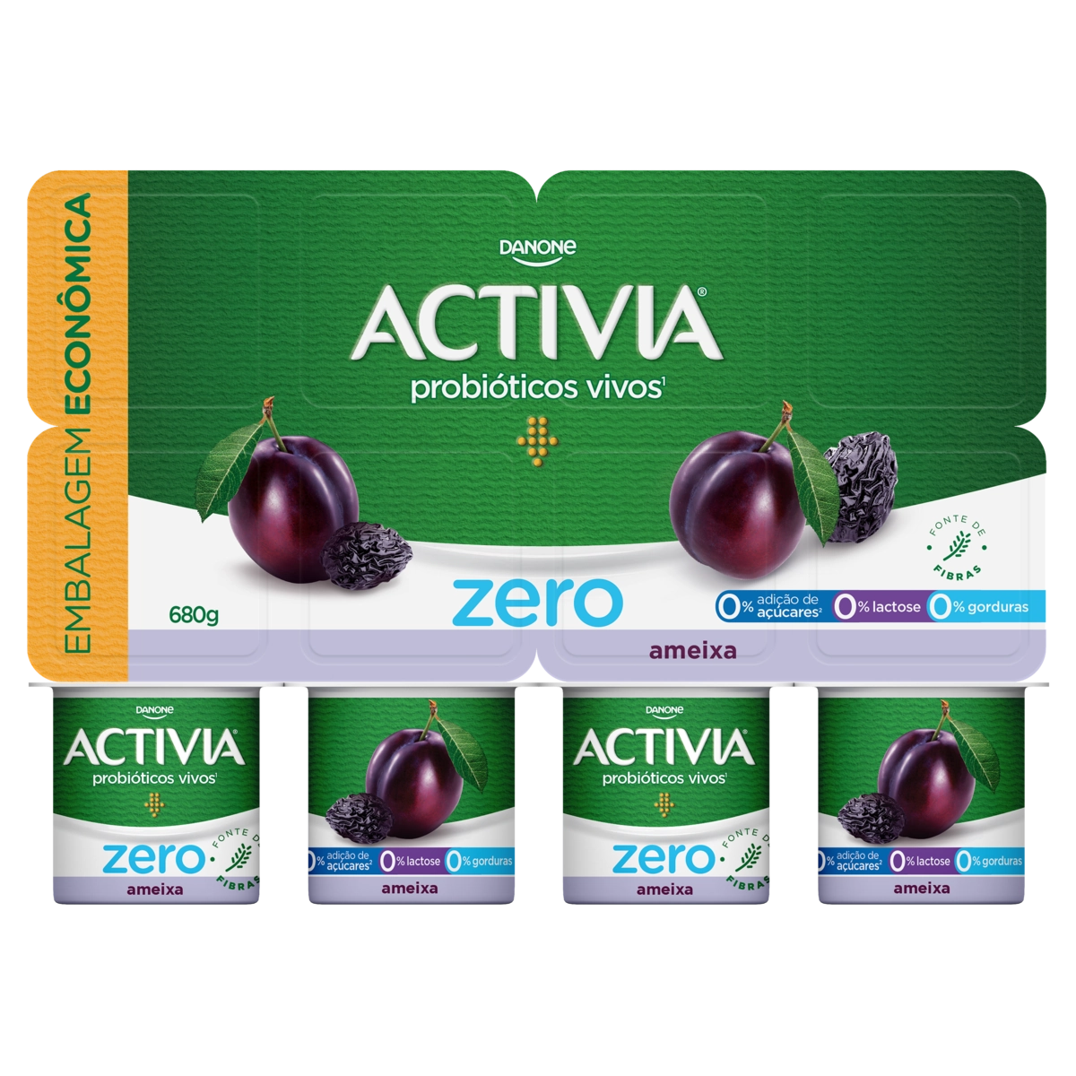 Leite Fermentado Desnatado Ameixa Zero Lactose Activia Zero Bandeja 680g 8 Unidades Embalagem Econôm