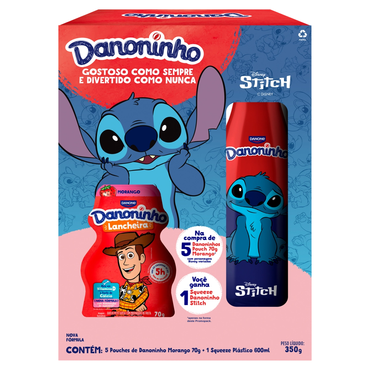 Kit Danoninho Stitch Petit Suisse Morango 5x70g Squeeze 600ml