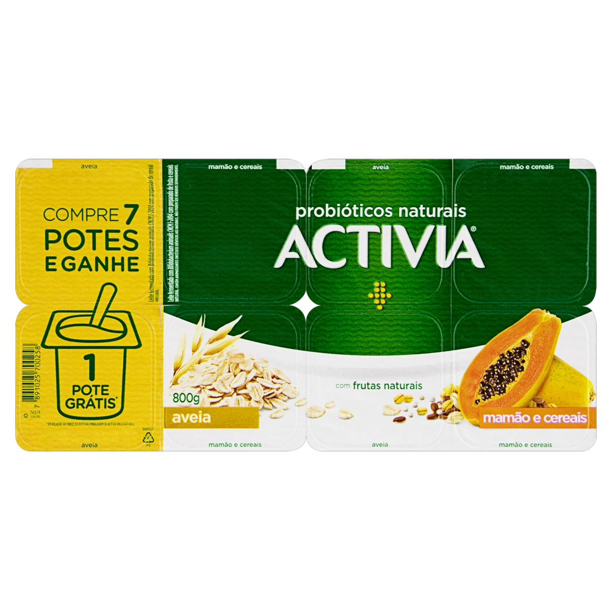 Leite Fermentado Integral Aveia Mamão E Cereais Activia Bandeja 800g 8 Unidades Grátis 1 Unidade
