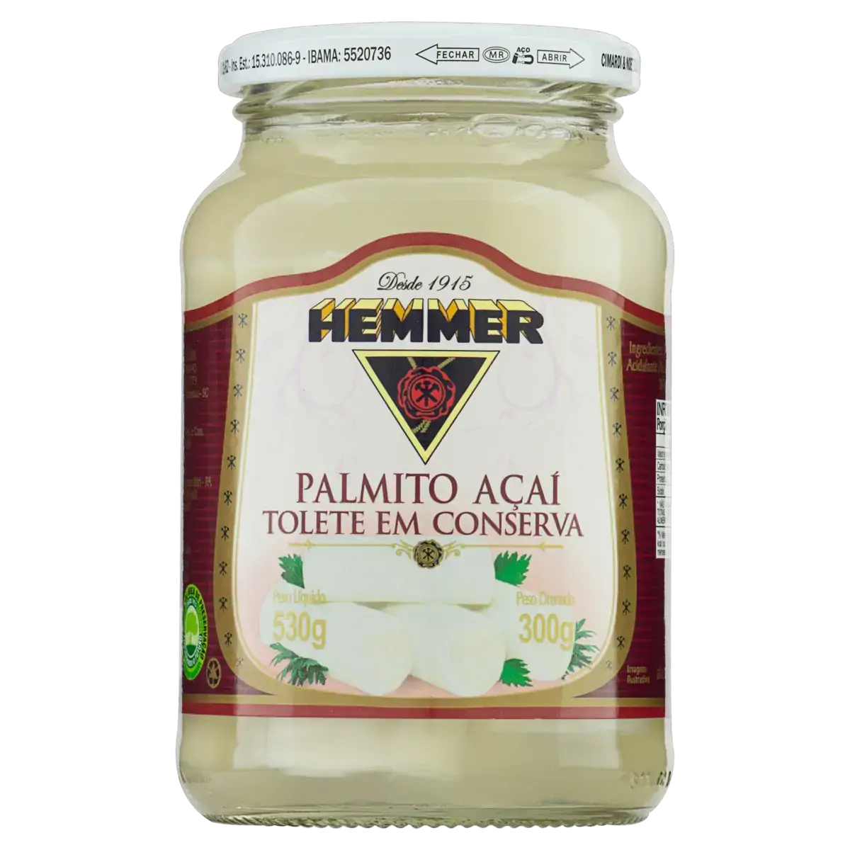 Palmito Açaí Em Conserva Tolete Hemmer Vidro 300g