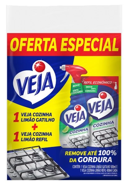 Kit Limpador Desengordurante Cozinha Limão 500ml Refil 400ml Veja