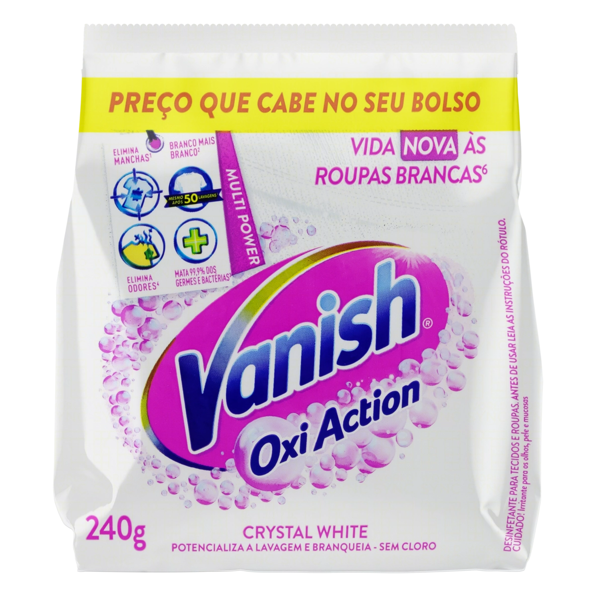 Tira Manchas Pó Roupas Brancas Vanish Oxi Action Crystal White Pacote 240g Refil Econômico