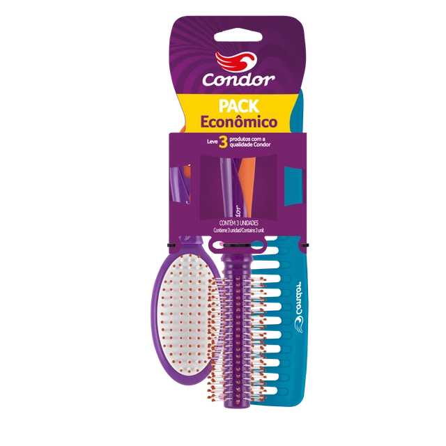 Kit 2 Escovas 1 Pente Para Cabelo Condor Joy Pack Econômico