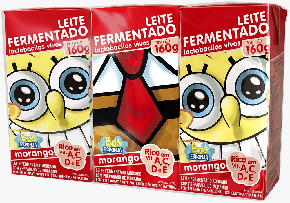Pack Leite Fermentado Desnatado Morango Bob Esponja Batavo Caixa 3 Unidades 160g Cada