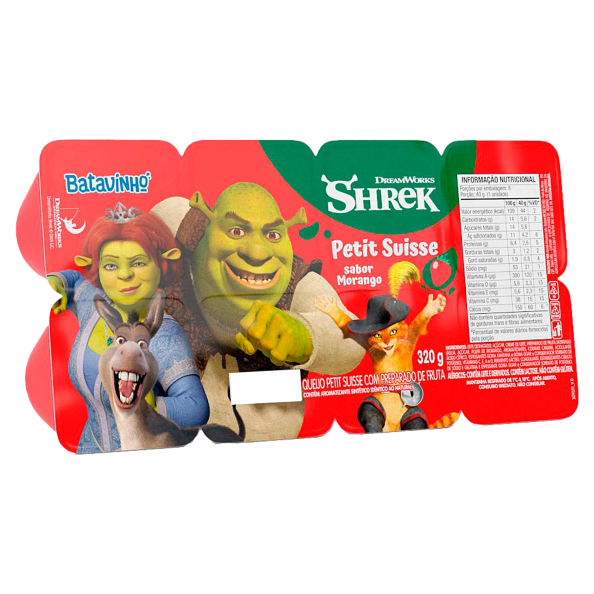 Queijo Petit Suisse Morango Shrek Batavo Batavinho Bandeja 320g 8 Unidades