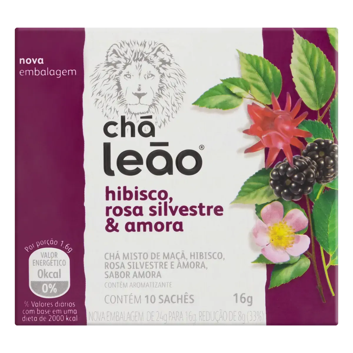 Chá Hibisco, Rosa Silvestre Amora Chá Leão Caixa 16g 10 Unidades
