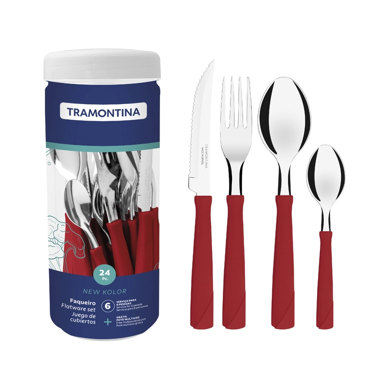 Faqueiro Inox 24pc New Kolor Vermelho Sortidos Com Laminas De Aco Inox E Cabos De Polipr