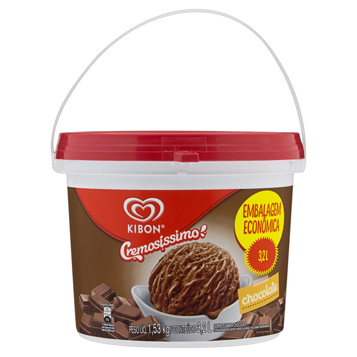 Sorvete Chocolate Kibon Cremosíssimo Pote 3,2l Embalagem Econômica