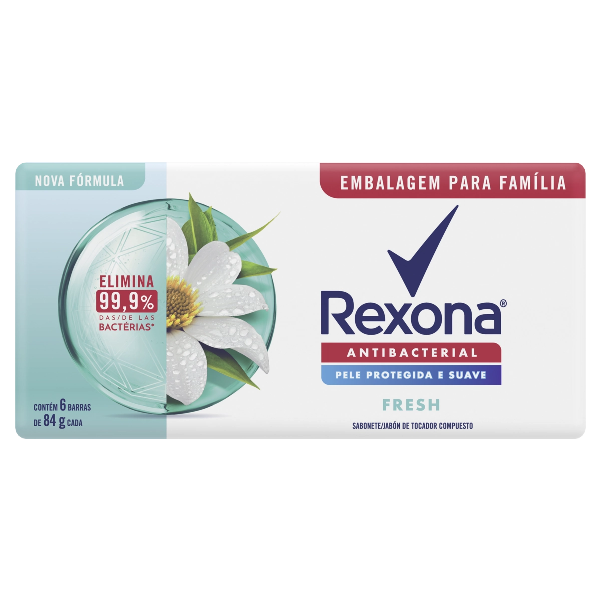 Pack Sabonete Barra Antibacterial Fresh Rexona Envoltório 6 Unidades 84g Cada Embalagem Família