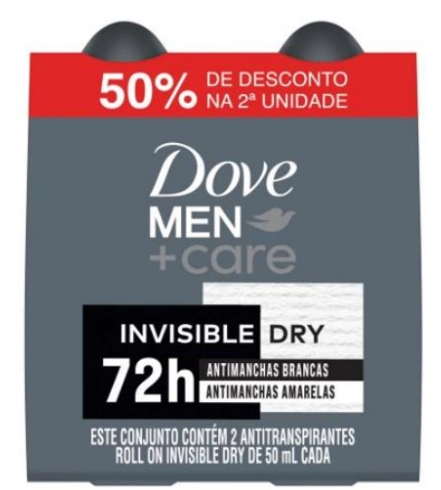 Pack Antitranspirante Roll On Invisible Dry Dove Men Care 2 Unidades 50ml Cada Grátis 50 De Desconto