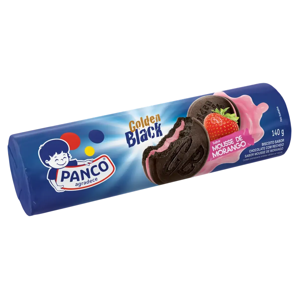 Biscoito Chocolate Recheio Mousse De Morango Panco Golden Black Pacote 140g