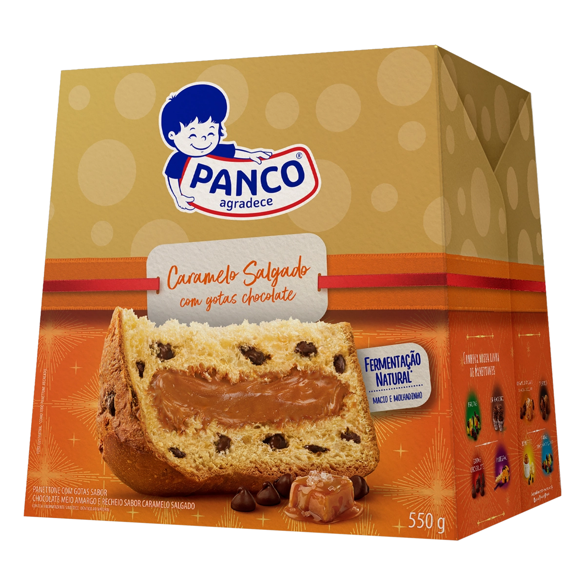 Panettone Com Gotas De Chocolate Meio Amargo Recheio Caramelo Salgado Panco Caixa 550g