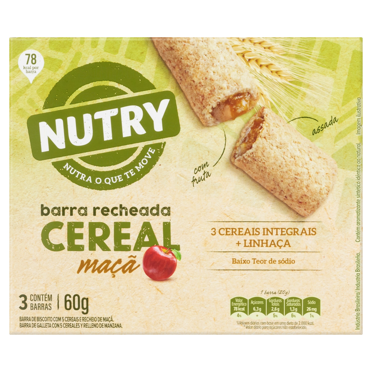 Pack Barra De Biscoito Integral Recheio Maçã Nutry Caixa 60g 3 Unidades